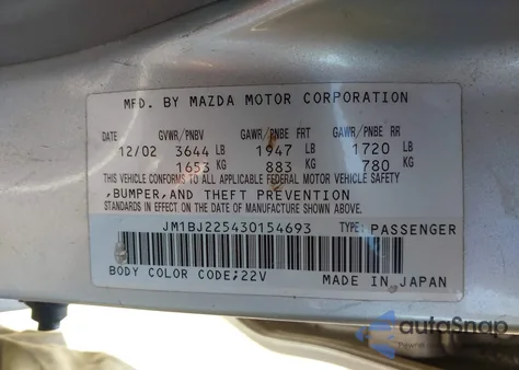 2003 Mazda Protege Dx/Es/Lx z USA, uszkodzony, nr VIN JM1BJ225430154693